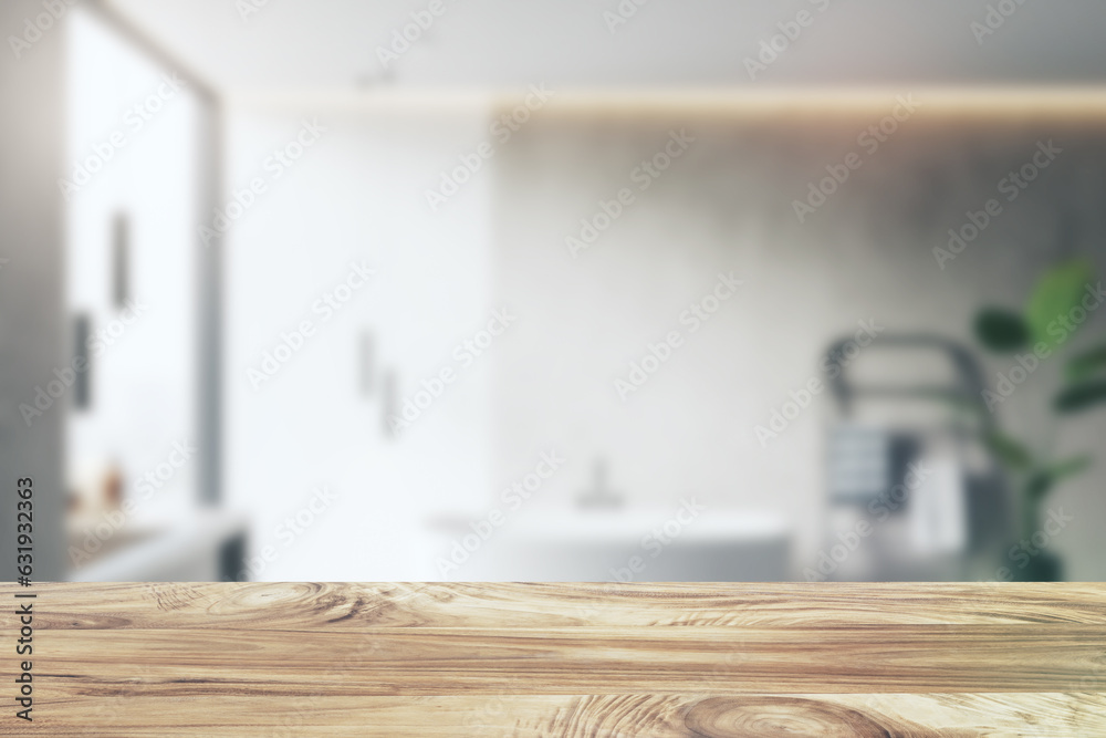 Poster Close up of empty wooden desktop with product placement mock up place on blurry interior background. 3D Rendering.