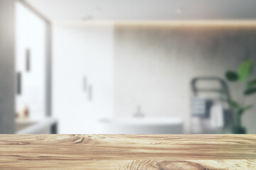 Close up of empty wooden desktop with product placement mock up place on blurry interior background. 3D Rendering.