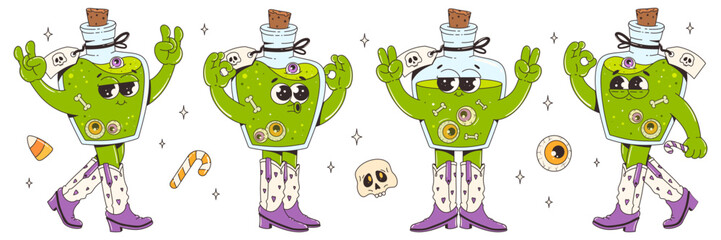 Groovy retro halloween characters. Cool potion in cowboy boots. Poisons set. Trendy retro cartoon style vector illustration.