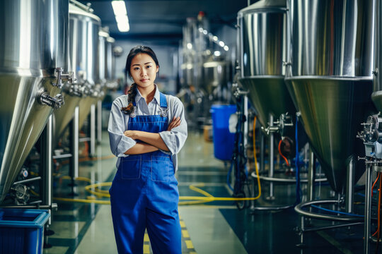 Brewery worker. Young Asian woman working in modern beer production factory, blurred large steel fermentation tanks in background. Generative AI