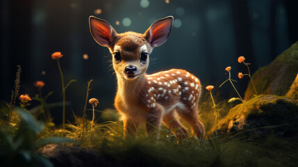 A cute baby deer standing gracefully in the midst of a lush forest