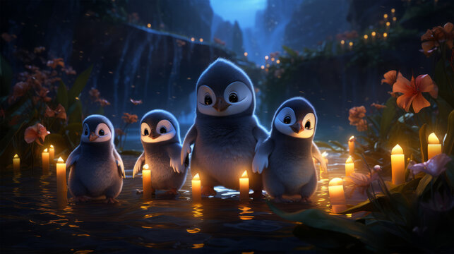 Photo of a charming holiday scene with penguins surrounded by flickering candles Christmas Animal Cartoon