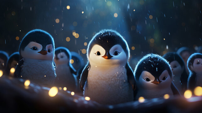Photo of a group of adorable penguins posing together, spreading holiday cheer Christmas Animal Cartoon