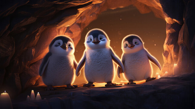 Penguins standing in front of a cave in a whimsical scene