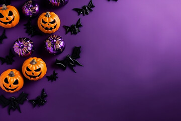 Halloween background. Halloween pumpkins or ornaments on purple background high angle view. Halloween composition on purple background copy space for text. 