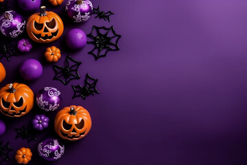 Halloween background. Halloween pumpkins or ornaments on purple background high angle view. Halloween composition on purple background copy space for text. 
