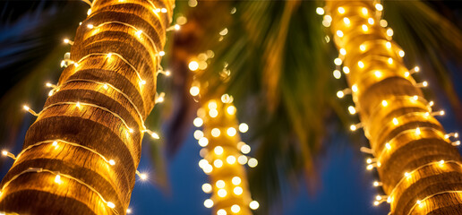 Obraz premium Palm trees decorated with Christmas garland night, fairy lights. lighted coconut by led light bulbs those bind led around the trunk with blue sky on the background. Palm trees with christmas lights.