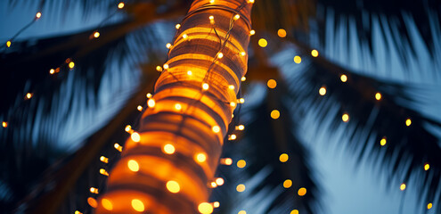 Palm trees decorated with Christmas garland night, fairy lights. lighted coconut by led light bulbs those bind led around the trunk with blue sky on the background. Palm trees with christmas lights. - obrazy, fototapety, plakaty