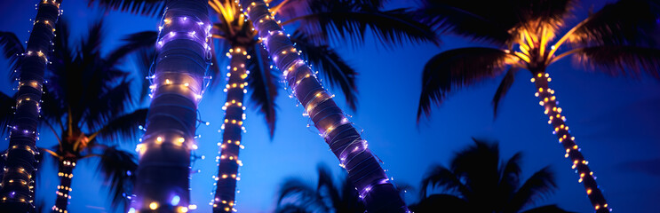 Fototapeta premium Palm trees decorated with Christmas garland night, fairy lights. lighted coconut by led light bulbs those bind led around the trunk with blue sky on the background. Palm trees with christmas lights.