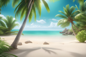  Lush palm trees on a cool beach background overlay. (Generative AI)