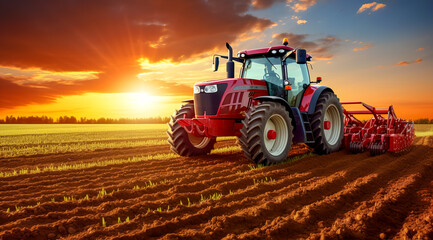 Fototapeta premium Agricultural workers with tractors. Ploughing a field with tractor at sunset