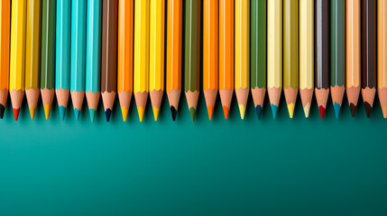 Color pencils isolated on green background. Close up view