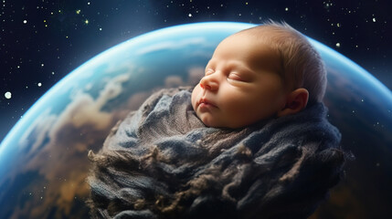 Obraz premium Newborn baby in cocoon in universe. Concept photo. AI generated
