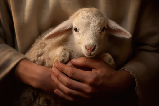 Naklejka The hands of Jesus Christ gently holding a lamb. Conceptual image depicting a sense of protection and care. AI generated image