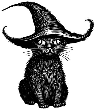 Black Cat with Witch Hat on White