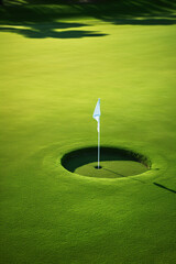 Immaculate Putting Green and Hole with Golfers in the Background Waiting Expectantly