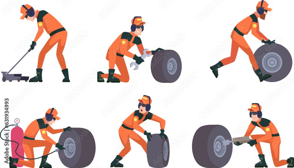 Poster Pit stop. Sport racer mechanics changing tire at racing cars exact vector illustrations set