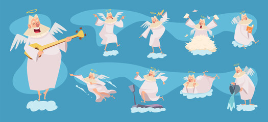 Old man on cloud. Holy elderly character with beard different action poses exact vector funny character of angels