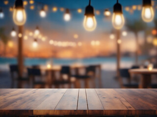Wooden table with blur beach cafes background and bokeh lights created with Generative AI technology - Powered by Adobe