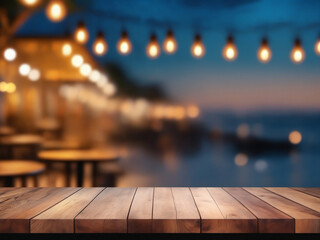 Wooden table with blur beach cafes background and bokeh lights created with Generative AI technology