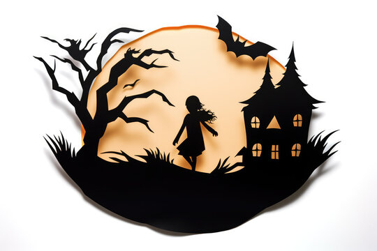 A silhouette of a woman walking in front of a full moon. Digital image. Simple paper halloween character.