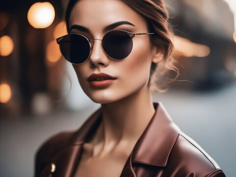 Portrait of a beautiful woman wearing sunglasses created with Generative AI technology