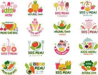 Kids menu logo. Emblem for kids restaurants with colored text and stylized pictures of different products recent vector pictures