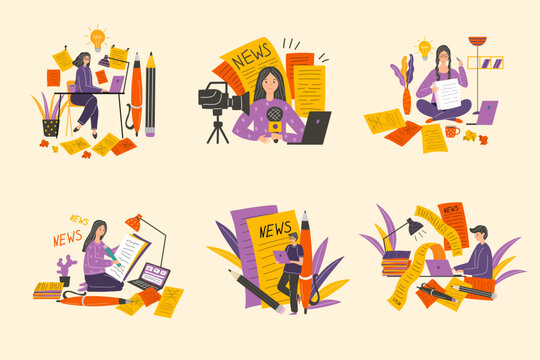Journalist. Copywriter working at laptop blogger writing articles typing at tablet recent vector concept stylized illustrations