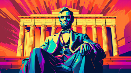 Fototapeta premium The Lincoln Memorial Risograph in Pop Art Color Theme - Political Cartoon Concept of the Heart of American Democracy in Washington DC - Generative AI