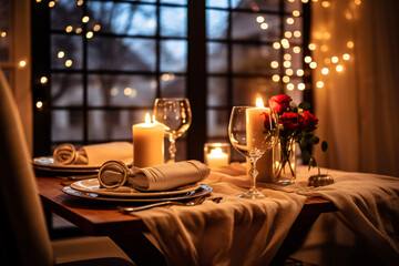 Elegant table setting with candles and red roses in restaurant. Selective focus. Romantic dinner setting with candles and red roses on table in restaurant.