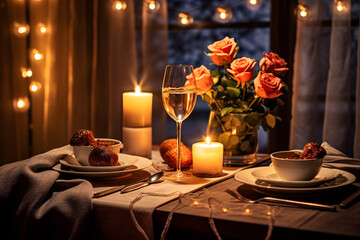 Elegant table setting with candles and flowers in restaurant. Selective focus. Romantic dinner setting with candles and flowers on table in restaurant.