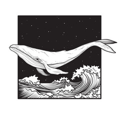 Square composition with whale and ocean waves. T-shirt design, tattoo art. Illustration on transparent background © tiena
