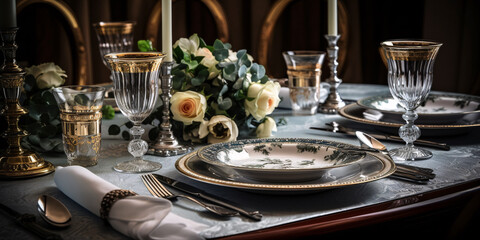 Fototapeta premium Elegant table setting with candles and flowers in restaurant. Selective focus. Romantic dinner setting with candles and flowers on table in restaurant.