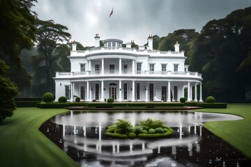 An elegant country house standing proudly in the rain. AI Generative
