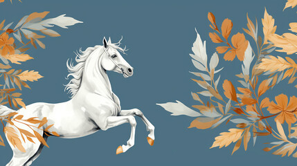 Horse Wallpaper Print in Rococo Style with Blue Background and Fall Leaves - Vintage - Generative AI
