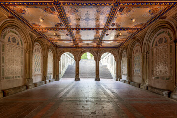 Bethesda Terrace Archway Interior Central Park  New York city lit ceiling Minton Tiles Staircase