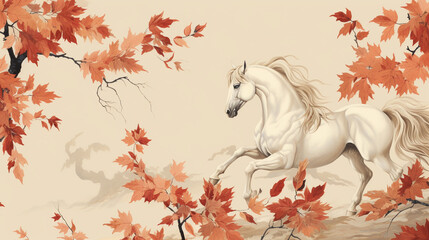 Horse Wallpaper Print in Rococo Style with Cream or Beige Background and Fall Leaves - Vintage - Generative AI