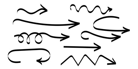 Hand drawn arrows set. Doodle, cartoons arrows. Hand drawn freehand different curved lines, swirls arrows