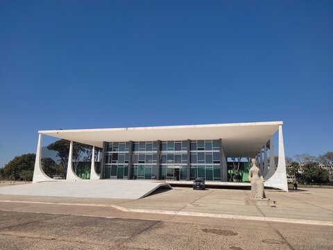 Brasilia, Federal District, Brazil. July 31, 2023. STF Wide view of the fa&ccedil;ade of the Federal Supreme Court, located in Bras&iacute;lia, which was designed in 1958 and developed by Oscar Niemeyer.