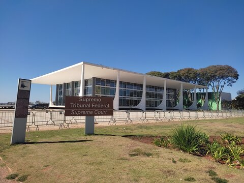 Brasilia, Federal District, Brazil. July 31, 2023. STF Wide view of the fa&ccedil;ade of the Federal Supreme Court, located in Bras&iacute;lia, which was designed in 1958 and developed by Oscar Niemeyer.