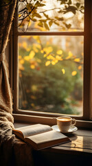 coffee and a book in a window, cup of steaming coffee by a window with a view to autumn trees, cozy hygge atmosphere, vertical banner with copy space, for Instagram story