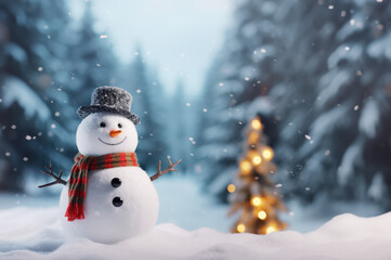 Fototapeta premium Merry christmas and happy new year greeting card with copy-space. Happy snowman standing in christmas landscape. Snow background. Winter fairytale created with Generative AI technology