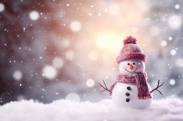 Naklejka na ściany i meble Merry christmas and happy new year greeting card with copy-space. Happy snowman standing in christmas landscape. Snow background. Winter fairytale created with Generative AI technology