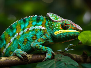 Naklejka na ściany i meble A vibrant chameleon blending into its surroundings