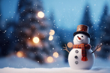 Obraz premium Merry christmas and happy new year greeting card with copy-space. Happy snowman standing in christmas landscape. Snow background. Winter fairytale created with Generative AI technology