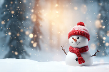 Naklejka na ściany i meble Merry christmas and happy new year greeting card with copy-space. Happy snowman standing in christmas landscape. Snow background. Winter fairytale created with Generative AI technology