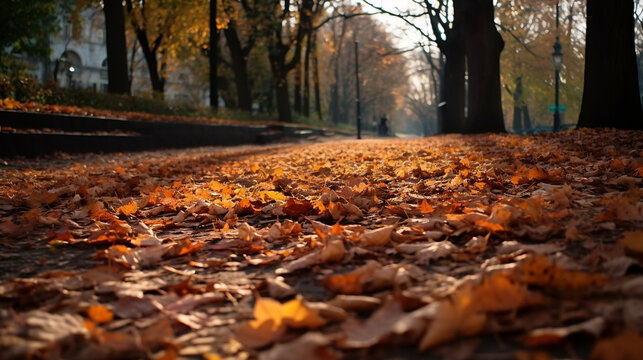 autumn in the park background, autumn leaves on the ground, copy space