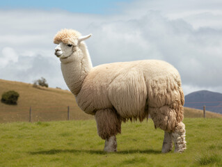 Obraz premium A fluffy alpaca grazing in a field