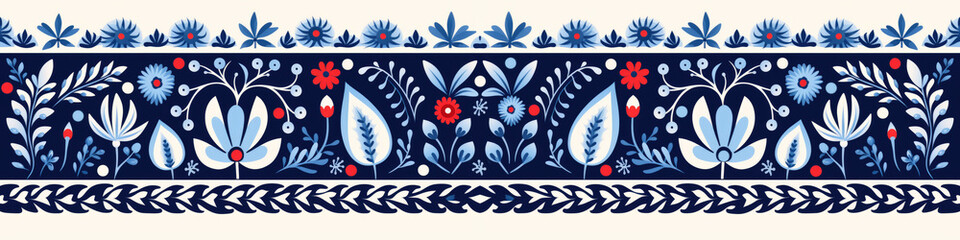 A blue and white seamless floral border with red flowers.