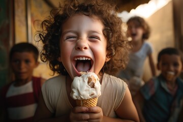 Naklejka premium smiling curly boy with ice cream cone on city street
